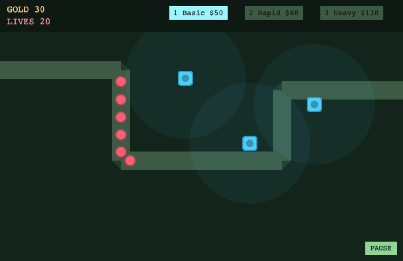 Tower Defence — a browser game built by Cleo, mid-wave with towers placed and enemies on the path