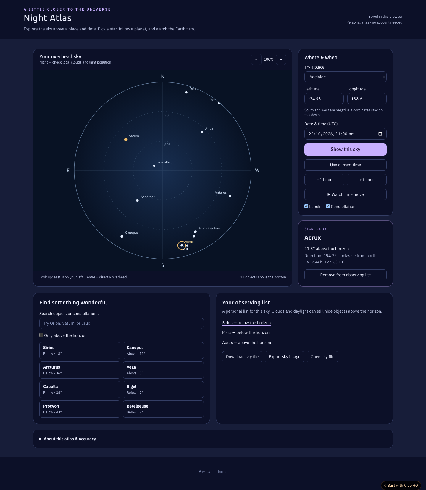 Astronomy Explorer with an Interactive Sky Map — Cleo HQ screenshot