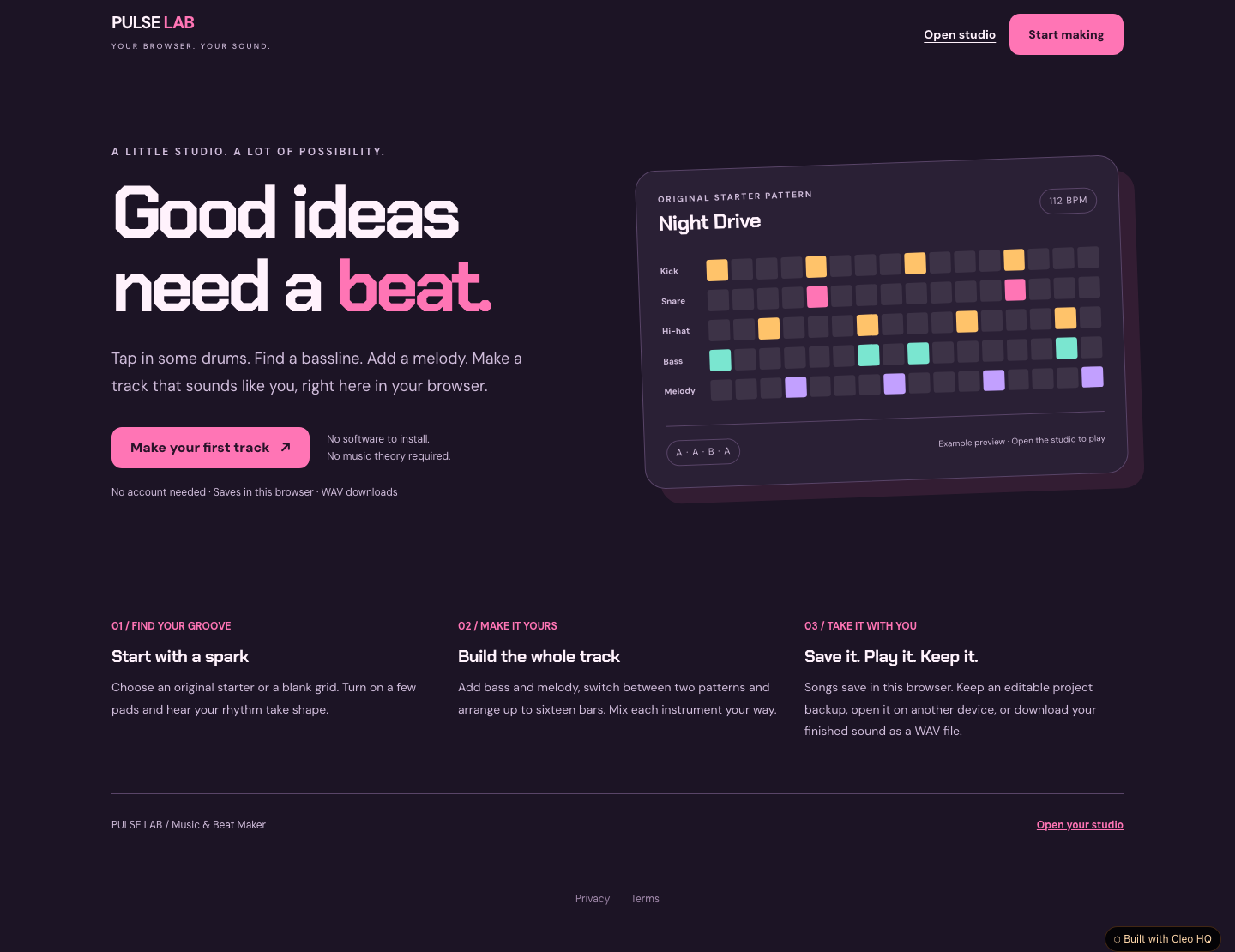 Music & Beat Maker with Drum Grids and WAV Export — Cleo HQ screenshot