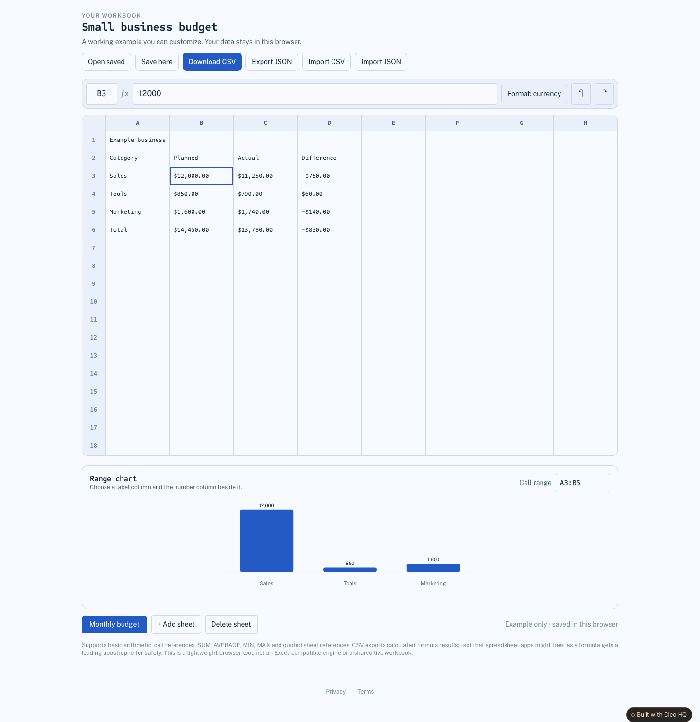 Online Spreadsheet with Formulas and Sheets — Cleo HQ screenshot