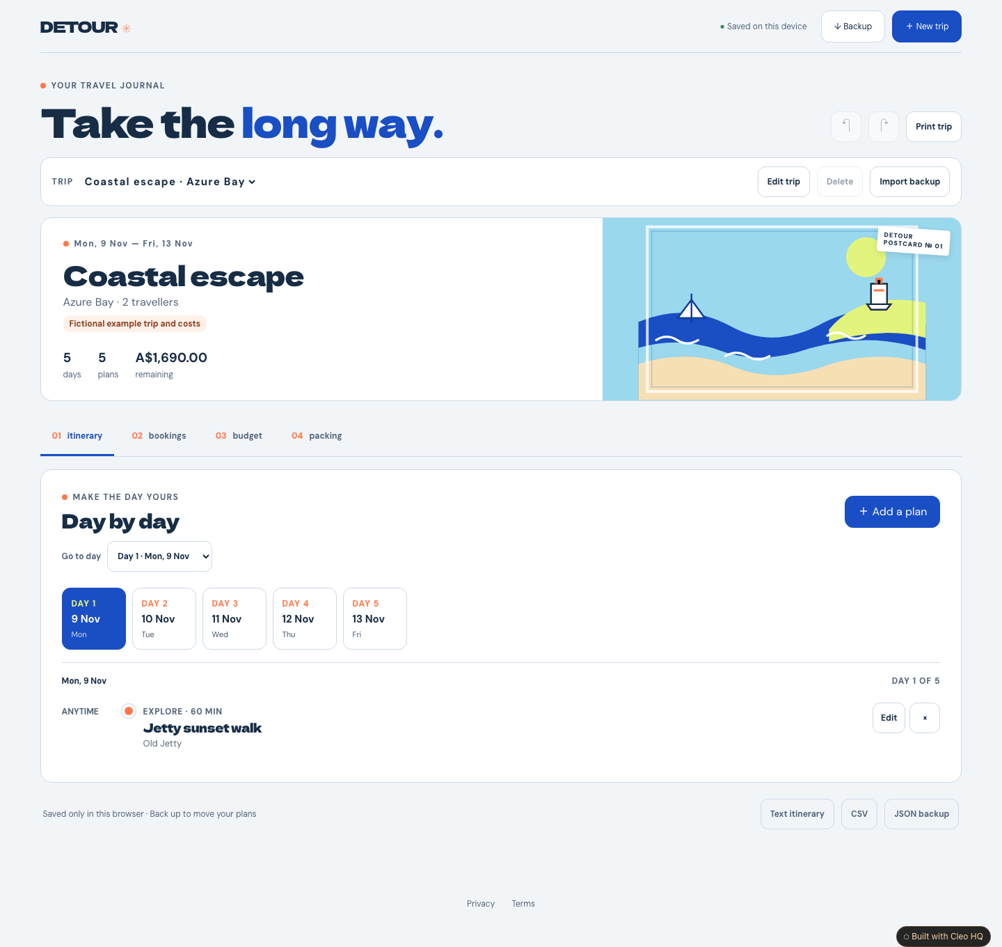 Detour Travel Planner: Itinerary, Budget & Packing — Cleo HQ screenshot