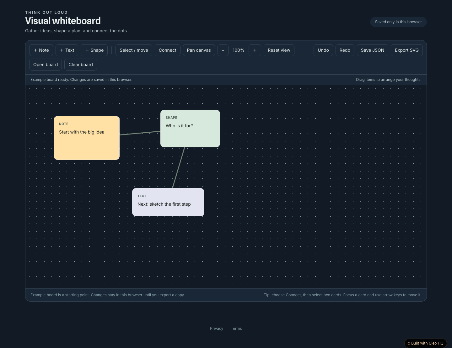 Visual Whiteboard with Notes and Connectors — Cleo HQ screenshot