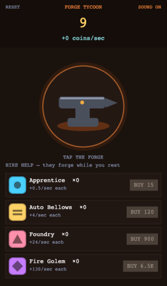 Forge Coins in an Idle Clicker — Cleo HQ screenshot